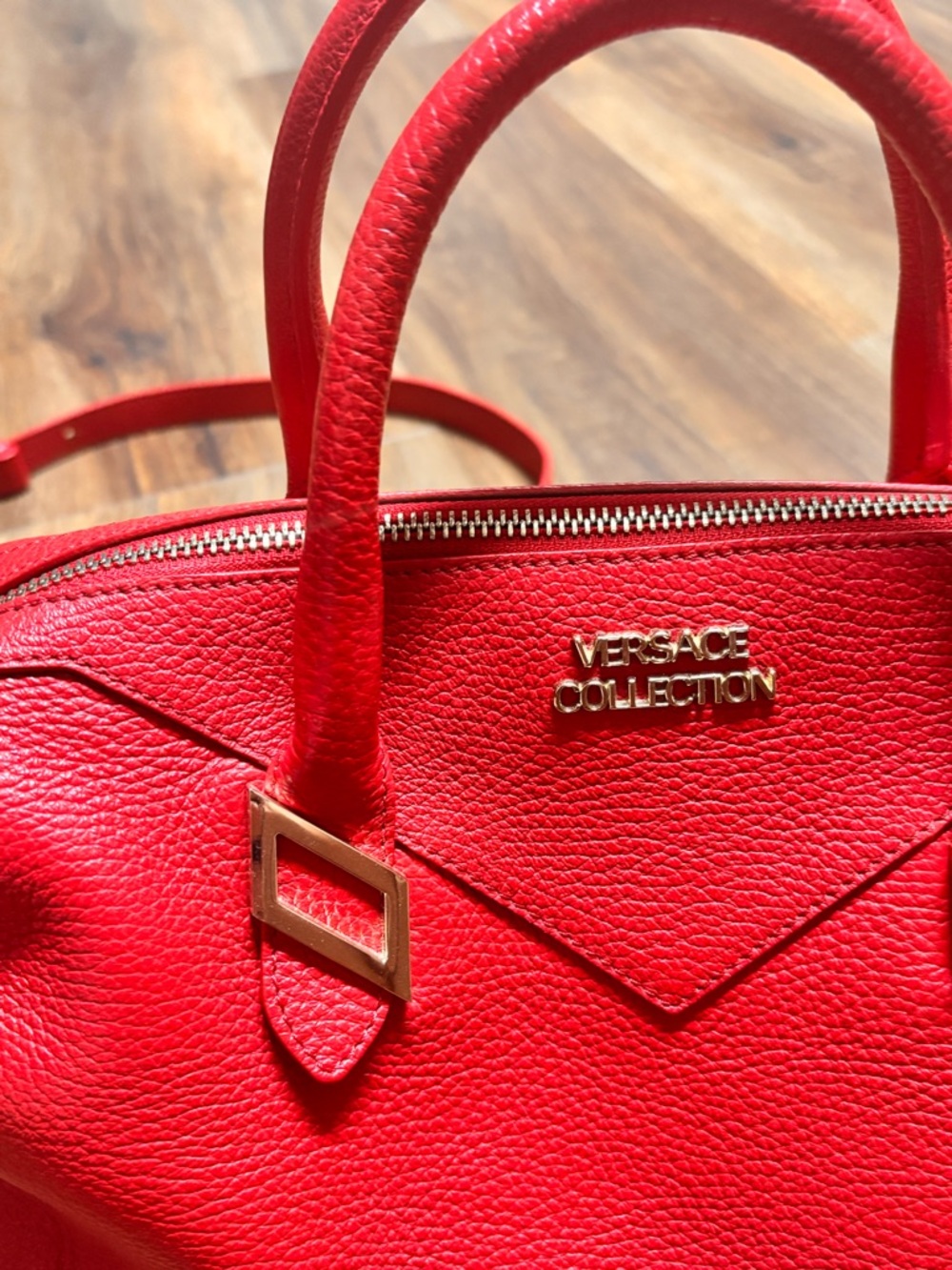 Versace Collection Red Pebbled Leather Satchel with Gold Hardware